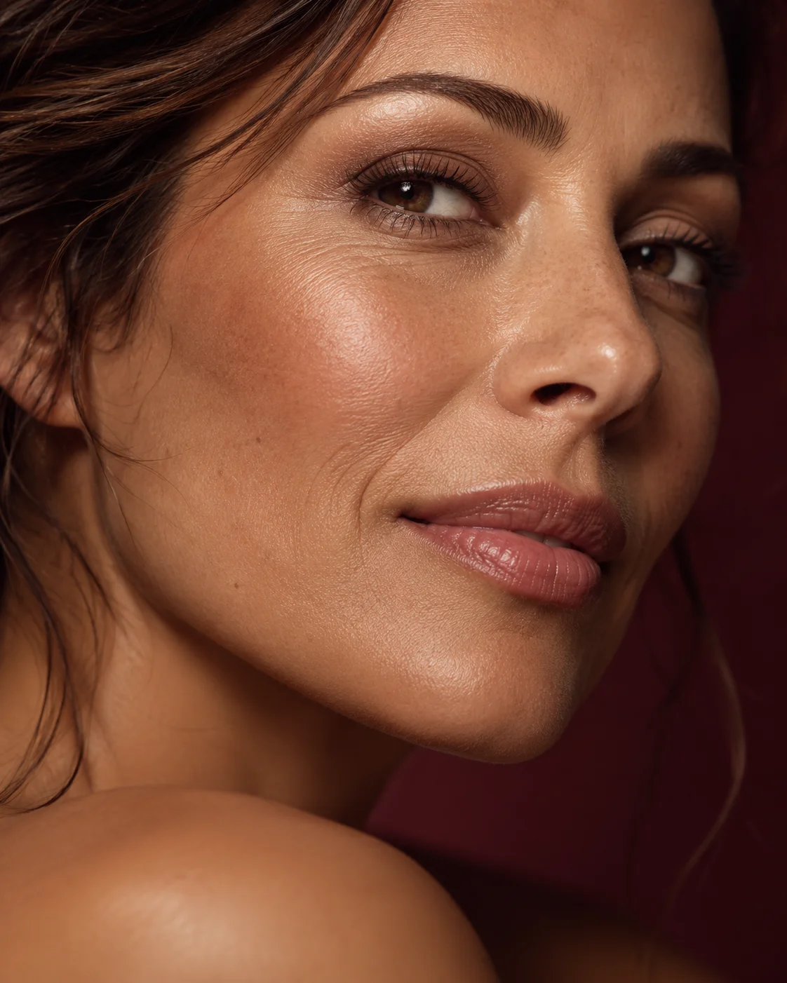 Close editorial de um rosto com textura natural da pele